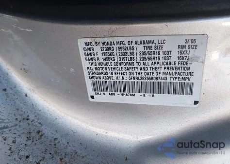 2006 Honda Odyssey Lx from USA, damaged, VIN 5FNRL38256B087443